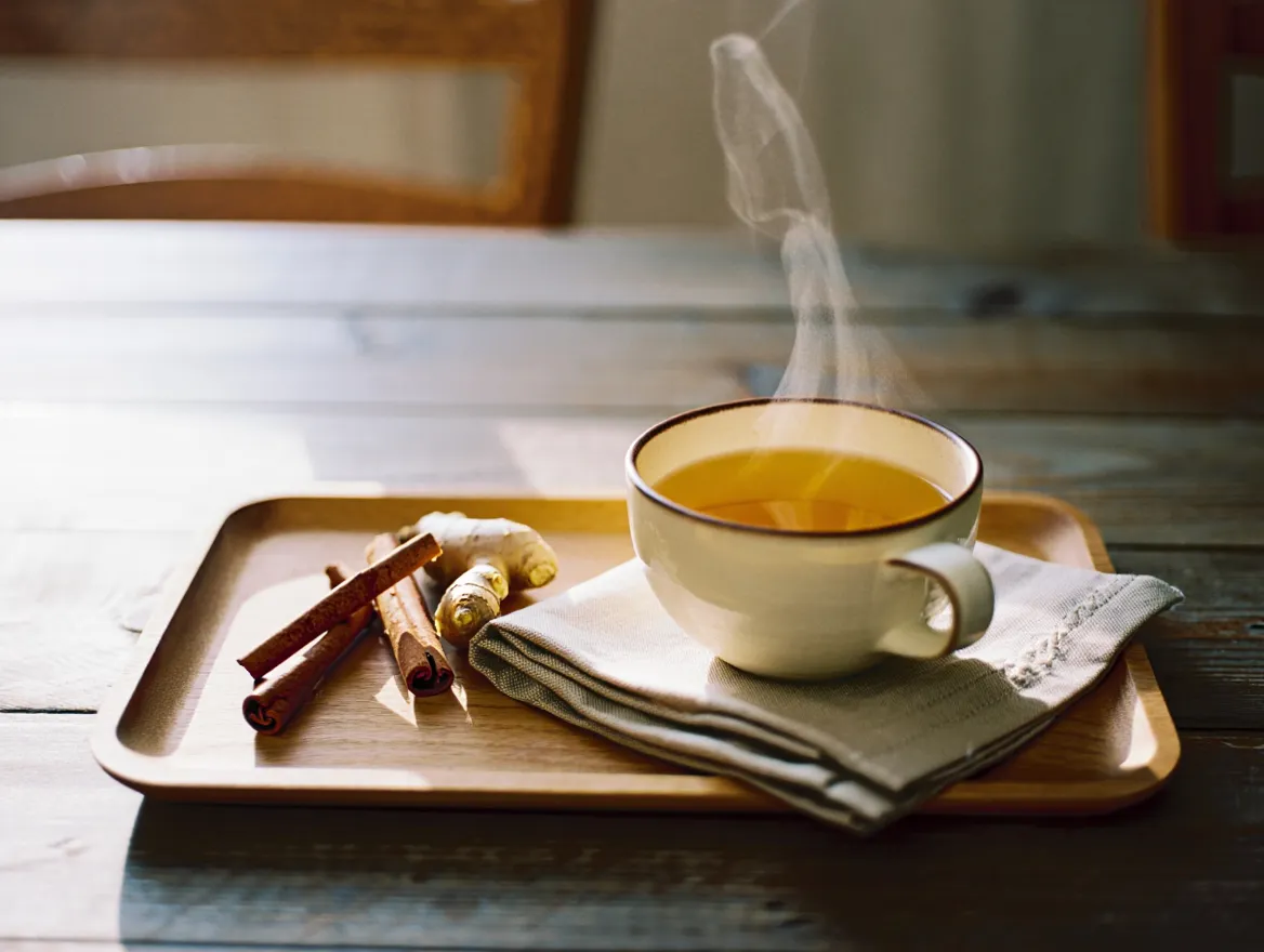 A cup of herbal tea on a simple tray beside a folded cloth